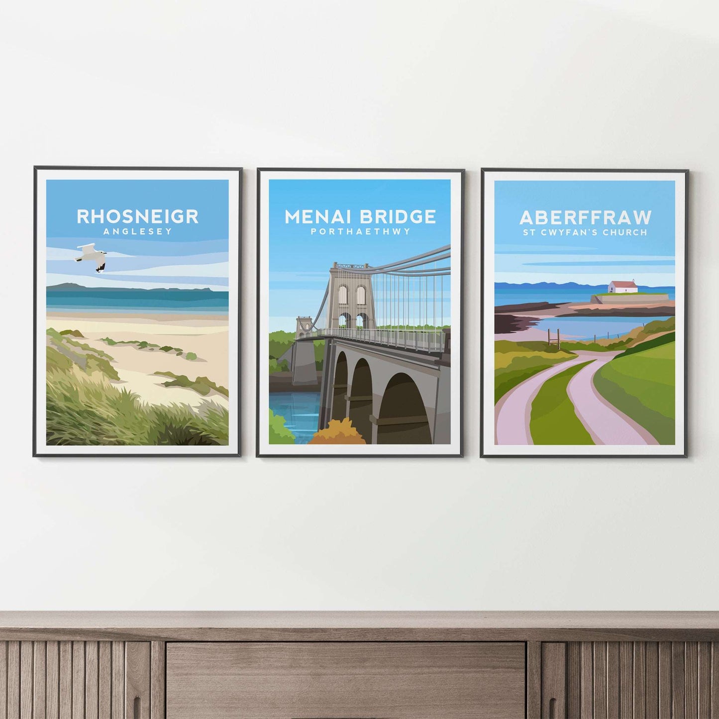 Set of 3 Anglesey Travel Prints - Rhosneigr, Menai Bridge, Aberffraw Typelab