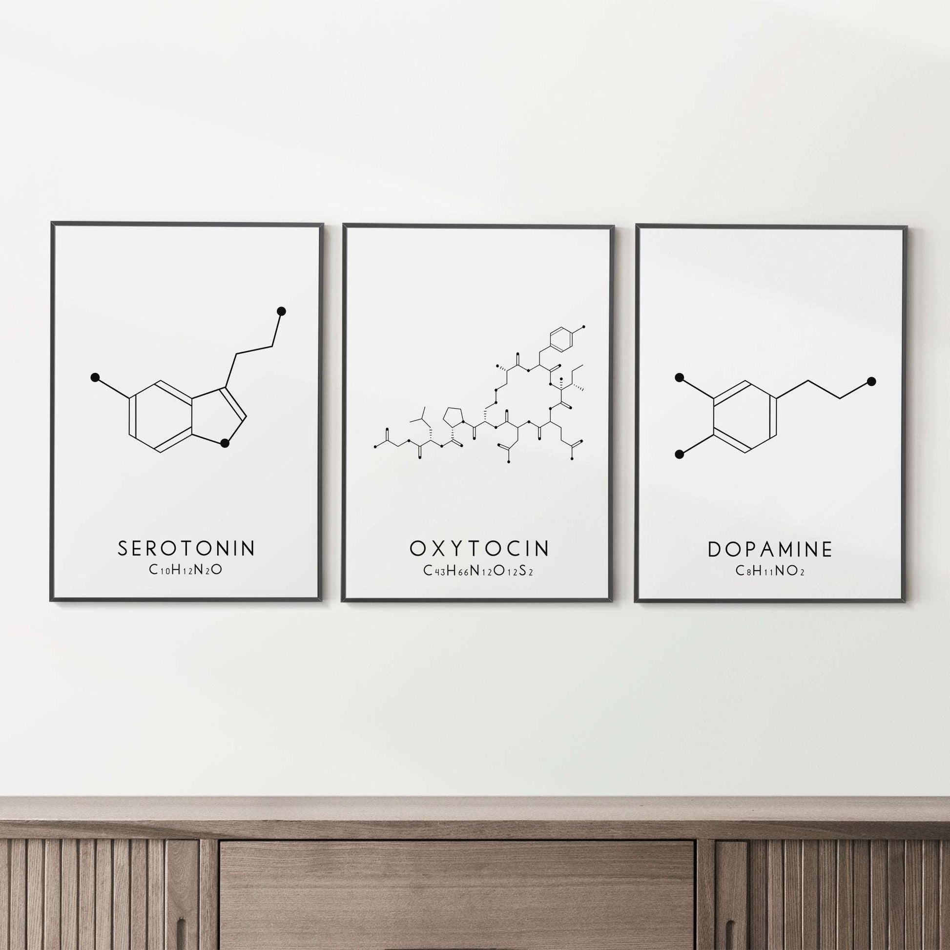 Set of 3 Molecular Structure Prints - Serotonin, Oxytocin and Dopamine Typelab