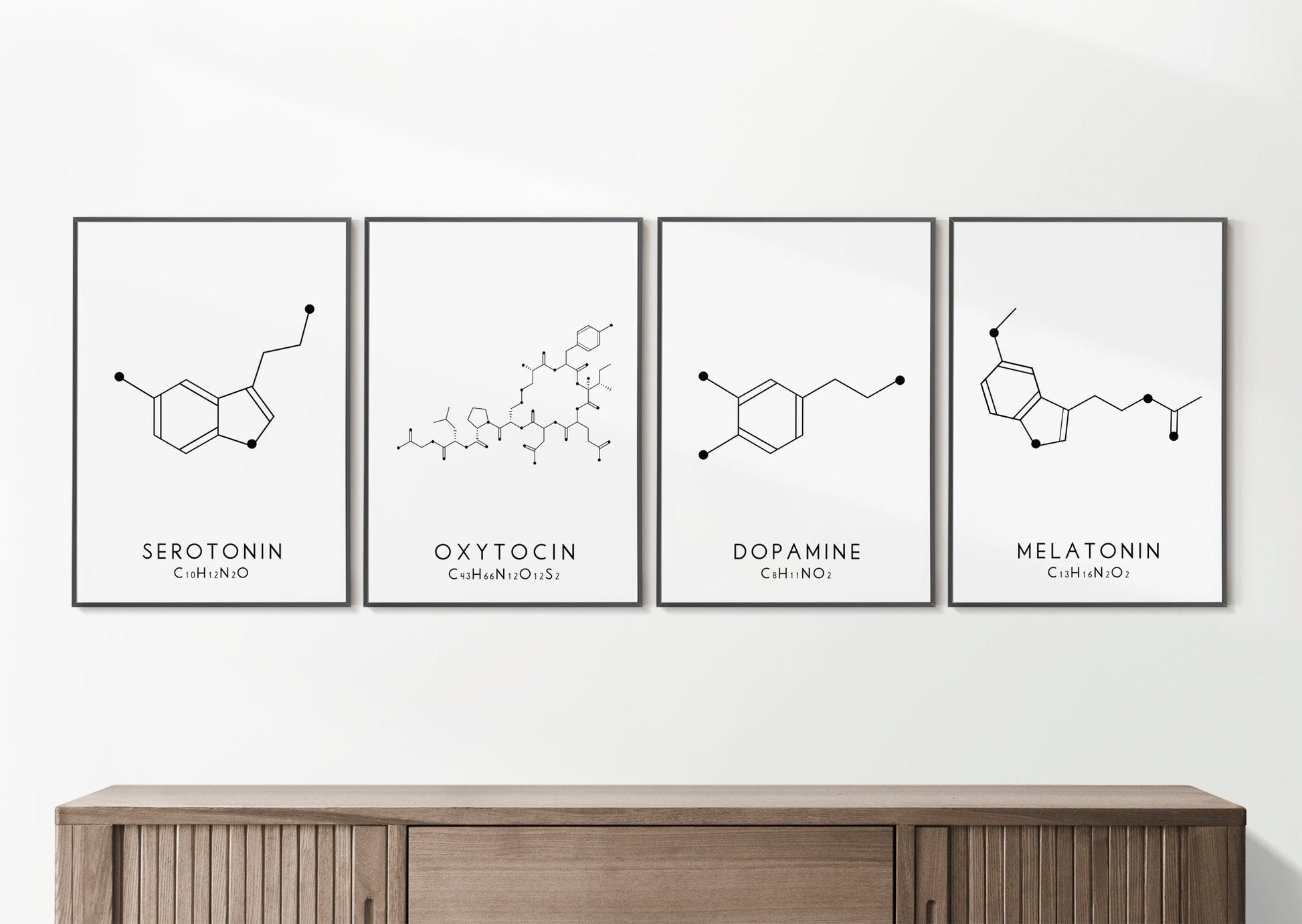Set of 4 Molecular Structure Prints, Serotonin Oxytocin Dopamine and Melatonin Typelab