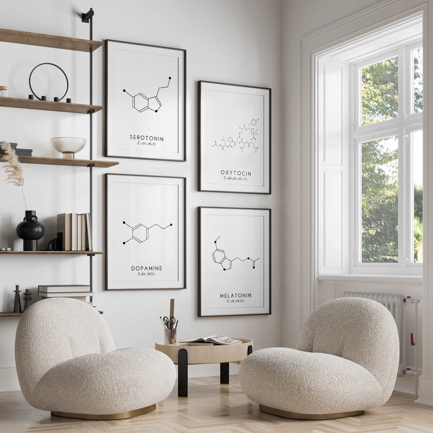 Set of 4 Molecular Structure Prints, Serotonin Oxytocin Dopamine and Melatonin Typelab