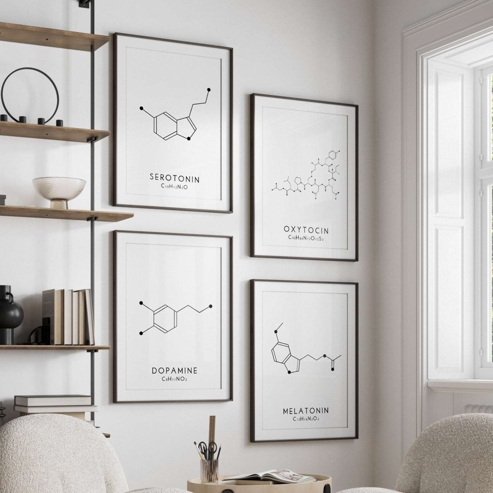 Set of 4 Molecular Structure Prints, Serotonin Oxytocin Dopamine and Melatonin Typelab