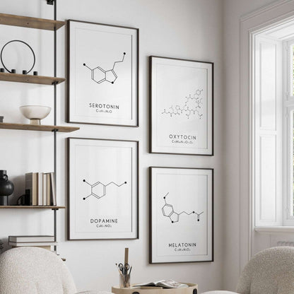 Set of 4 Molecular Structure Prints, Serotonin Oxytocin Dopamine and Melatonin Typelab