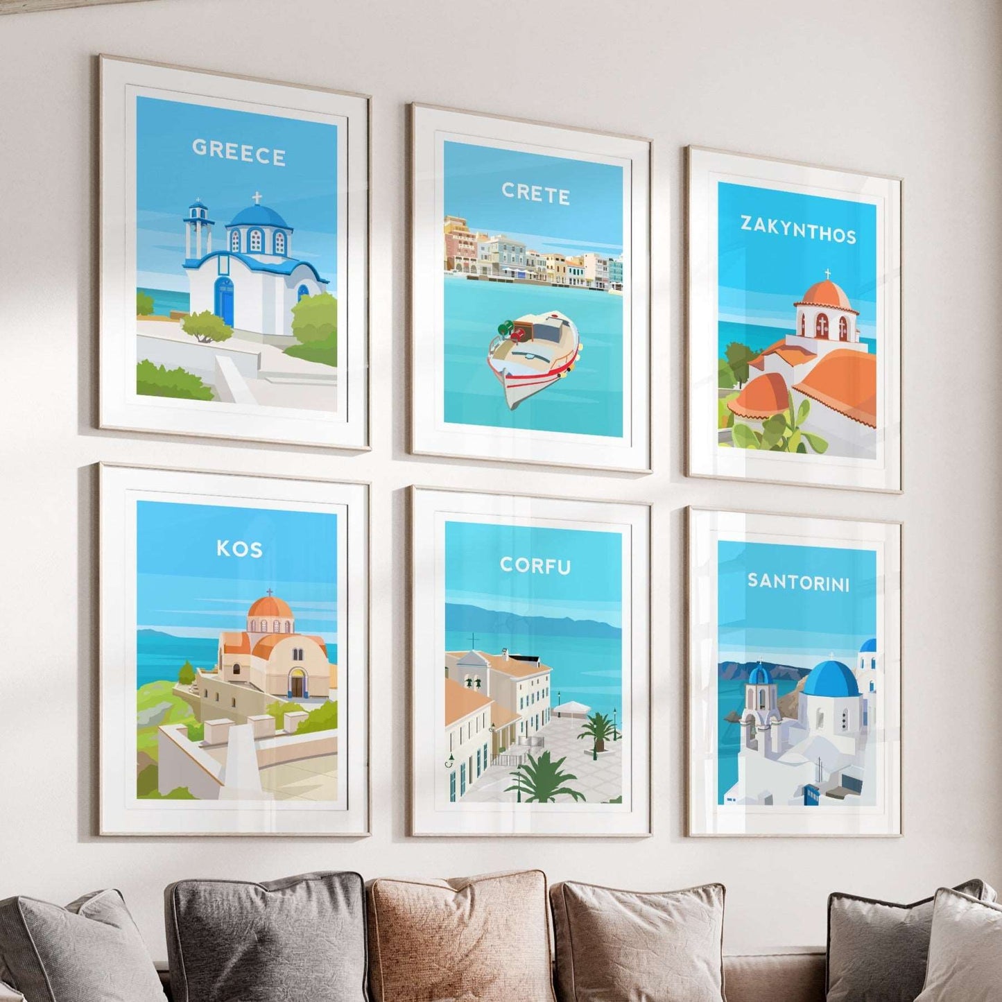 Set of 6 Greece Travel Prints, Greek Island Coastal Wall Art Typelab