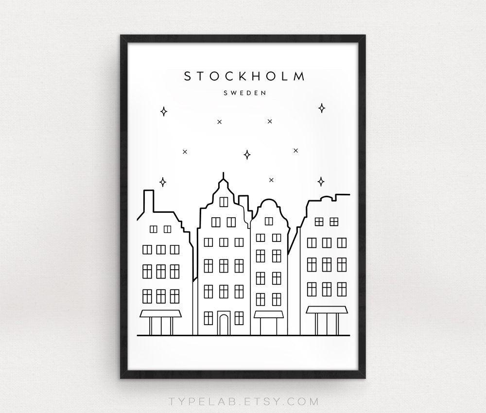Stockholm, Sweden Black and White Minimalist Print Typelab
