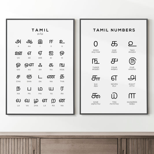 Tamil Alphabet and Number Print Set x2 - Language Learning Wall Art by Typelab
