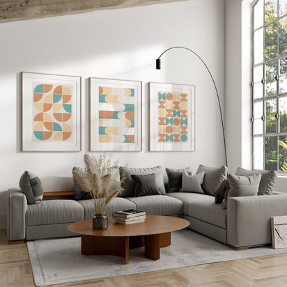 Set of 3 Mid Century Geometric Prints | Teal and Orange Retro Wall Art